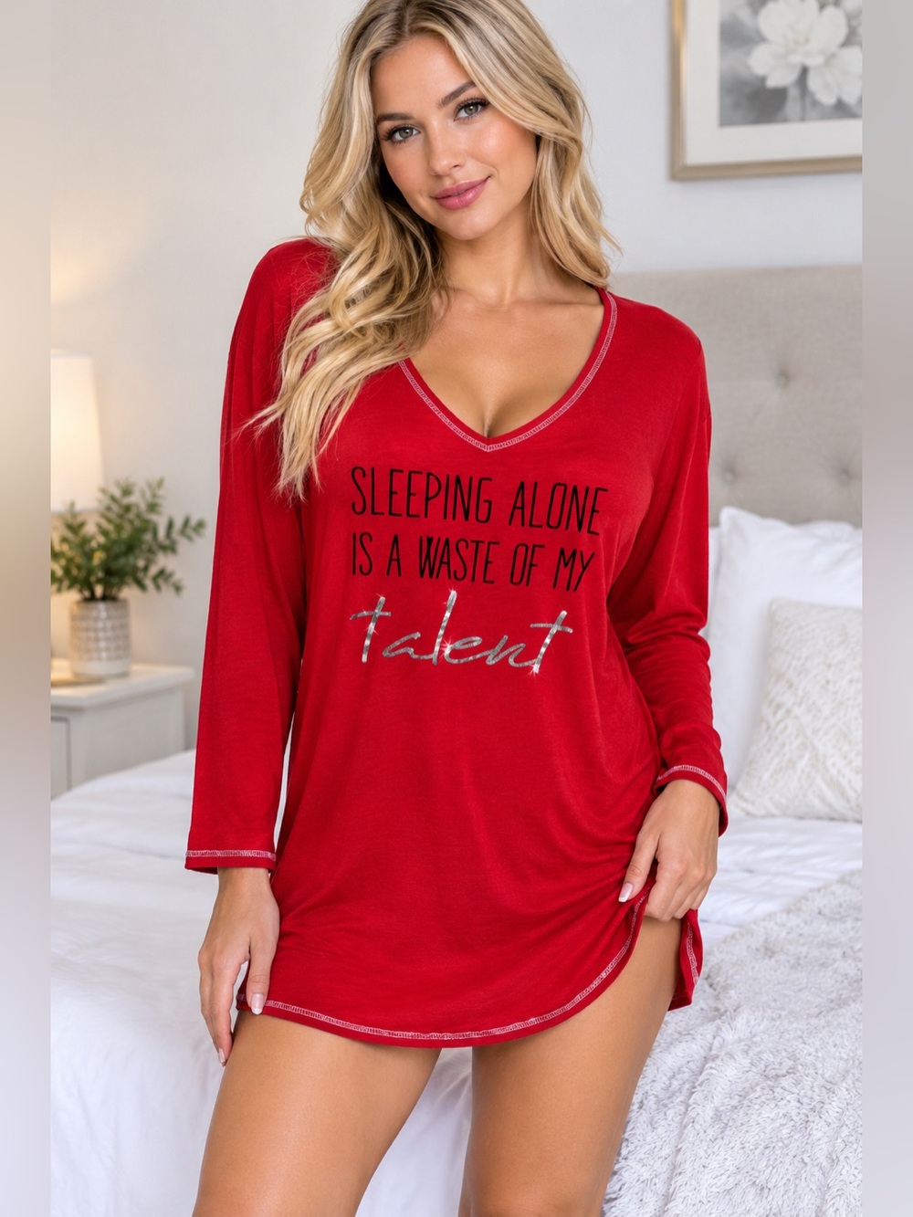Jenni Red Sleep Shirt with Silver Text